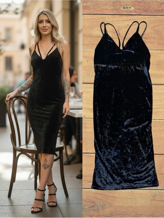 Alythea Dresses & Skirts - Black Crushed Velvet Midi Dress Plunging V-Neck Caged Open Back Double Strap M